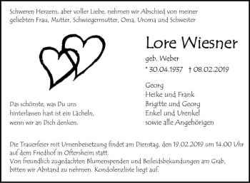 Traueranzeige von Lore Wiesner von Schwetzinger Zeitung