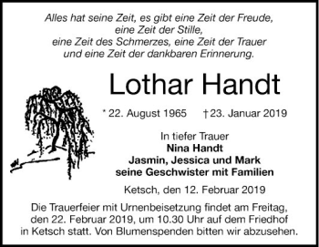 Traueranzeige von Lothar Handt von Schwetzinger Zeitung