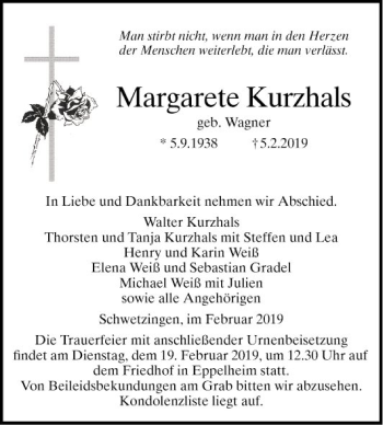 Traueranzeige von Margarete Kurzhals von Schwetzinger Zeitung