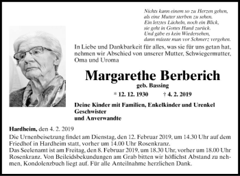 Traueranzeige von Margarethe Berberich von Fränkische Nachrichten
