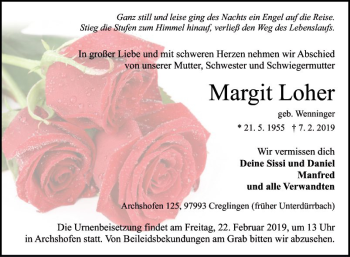 Traueranzeige von Margit Loher von Fränkische Nachrichten