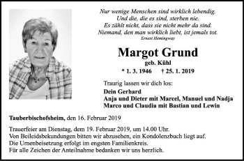 Traueranzeige von Margot Grund von Fränkische Nachrichten