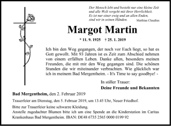 Traueranzeige von Margot Martin von Fränkische Nachrichten