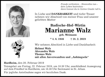 Traueranzeige von Marianne Walz von Fränkische Nachrichten