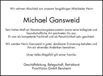 Traueranzeige von Michael Gansweid von Bergsträßer Anzeiger