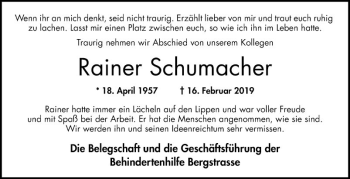 Traueranzeige von Rainer Schumacher von Bergsträßer Anzeiger