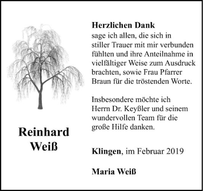  Traueranzeige für Reinhard Weiß vom 09.02.2019 aus Fränkische Nachrichten