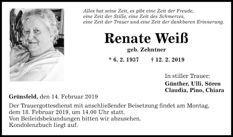  Traueranzeige für Renate Weiß vom 14.02.2019 aus Fränkische Nachrichten