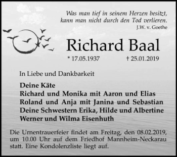 Traueranzeige von Richard Baal von Mannheimer Morgen