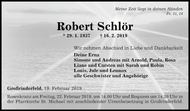  Traueranzeige für Robert Schlör vom 20.02.2019 aus Fränkische Nachrichten
