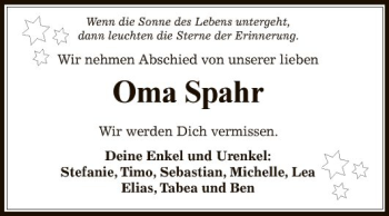 Traueranzeige von Rosemarie Spahr von Fränkische Nachrichten