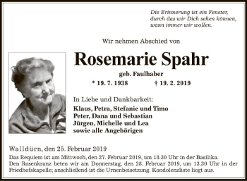Traueranzeige von Rosemarie Spahr von Fränkische Nachrichten