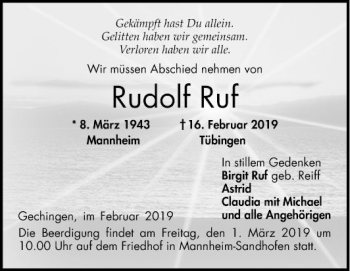 Traueranzeige von Rudolf Ruf von Mannheimer Morgen