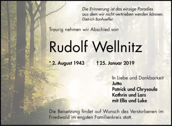 Traueranzeige von Rudolf Wellnitz von Schwetzinger Zeitung