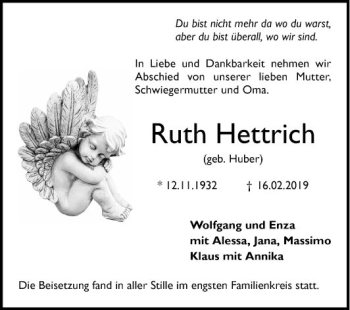 Traueranzeige von Ruth Hettrich von Mannheimer Morgen