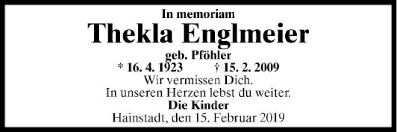  Traueranzeige für Thekla Englmeier vom 15.02.2019 aus Fränkische Nachrichten