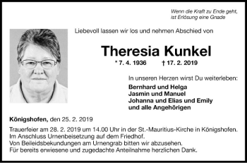 Traueranzeige von Theresia Kunkel von Fränkische Nachrichten