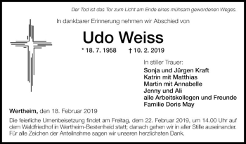 Traueranzeige von Udo Weiss von Fränkische Nachrichten