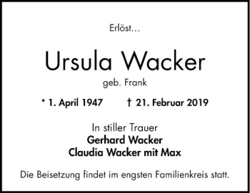 Traueranzeige von Ursula Wacker von Mannheimer Morgen