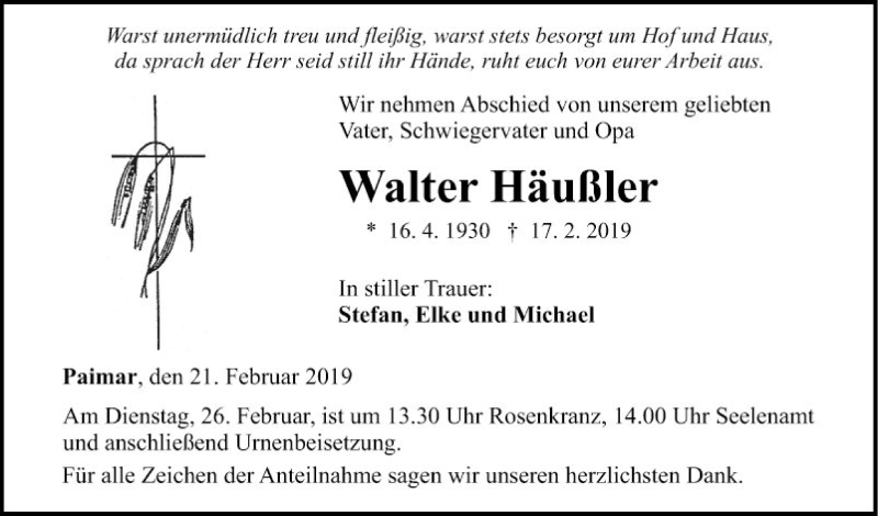  Traueranzeige für Walter Häußler vom 21.02.2019 aus Fränkische Nachrichten