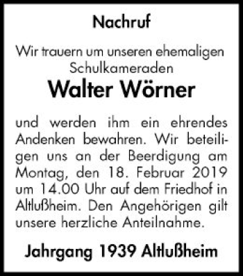 Traueranzeige von Walter Wörner von Schwetzinger Zeitung