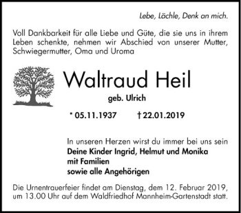 Traueranzeige von Waltraud Heil von Mannheimer Morgen