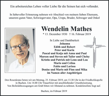 Traueranzeige von Wendelin Mathes von Fränkische Nachrichten