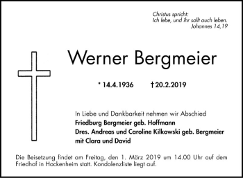 Traueranzeige von Werner Bergmeier von Schwetzinger Zeitung