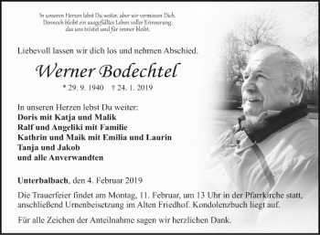 Traueranzeige von Werner Bodechtel von Fränkische Nachrichten