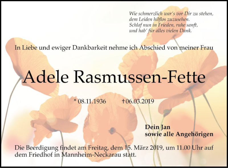  Traueranzeige für Adele Rasmussen-Fette vom 09.03.2019 aus Mannheimer Morgen