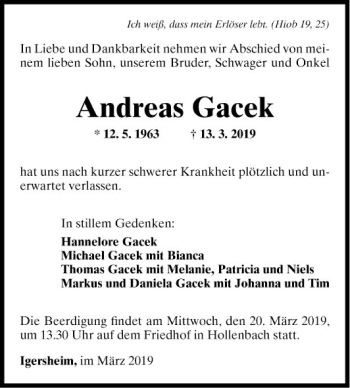 Traueranzeige von Andreas Gacek von Fränkische Nachrichten