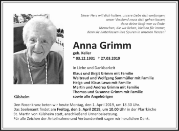 Traueranzeige von Anna Grimm von Fränkische Nachrichten