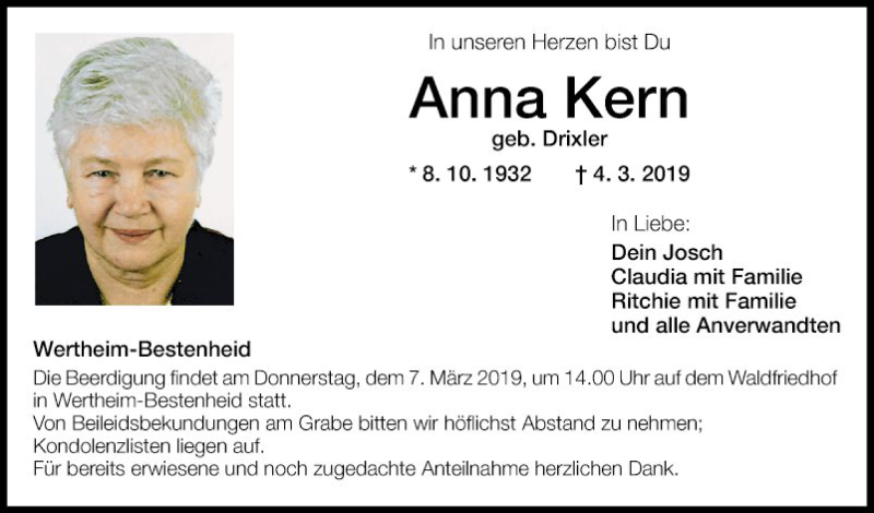  Traueranzeige für Anna Kern vom 06.03.2019 aus Fränkische Nachrichten