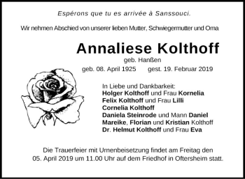Traueranzeige von Annaliese Kolthoff von Schwetzinger Zeitung