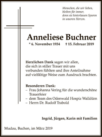 Traueranzeige von Anneliese Buchner von Fränkische Nachrichten
