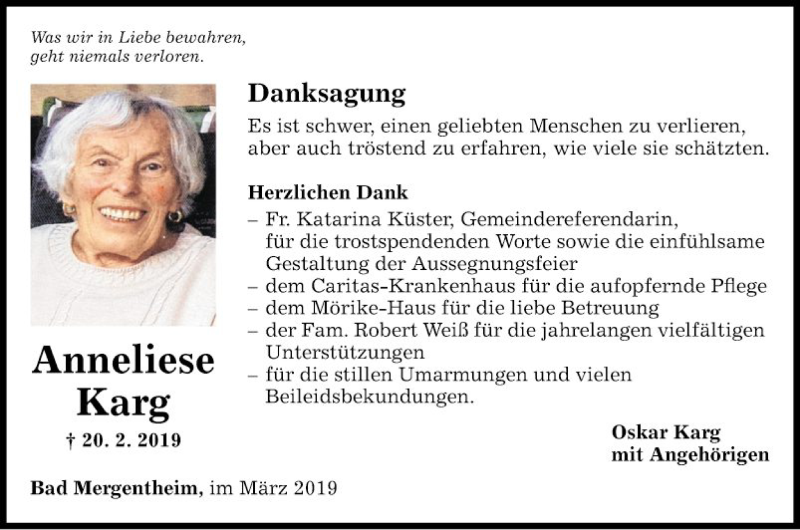  Traueranzeige für Anneliese Karg vom 13.03.2019 aus Fränkische Nachrichten