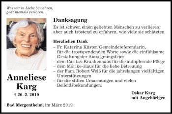 Traueranzeige von Anneliese Karg von Fränkische Nachrichten