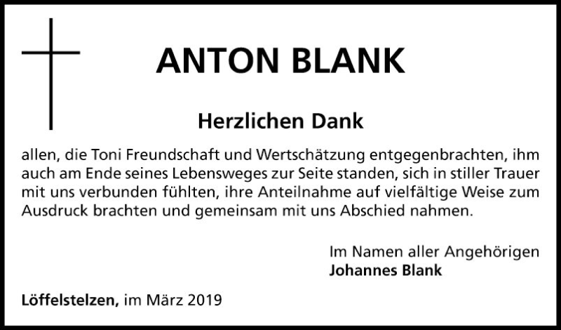  Traueranzeige für Anton Blank vom 30.03.2019 aus Fränkische Nachrichten