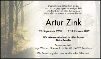 Traueranzeige von Artur Zink von Bergsträßer Anzeiger