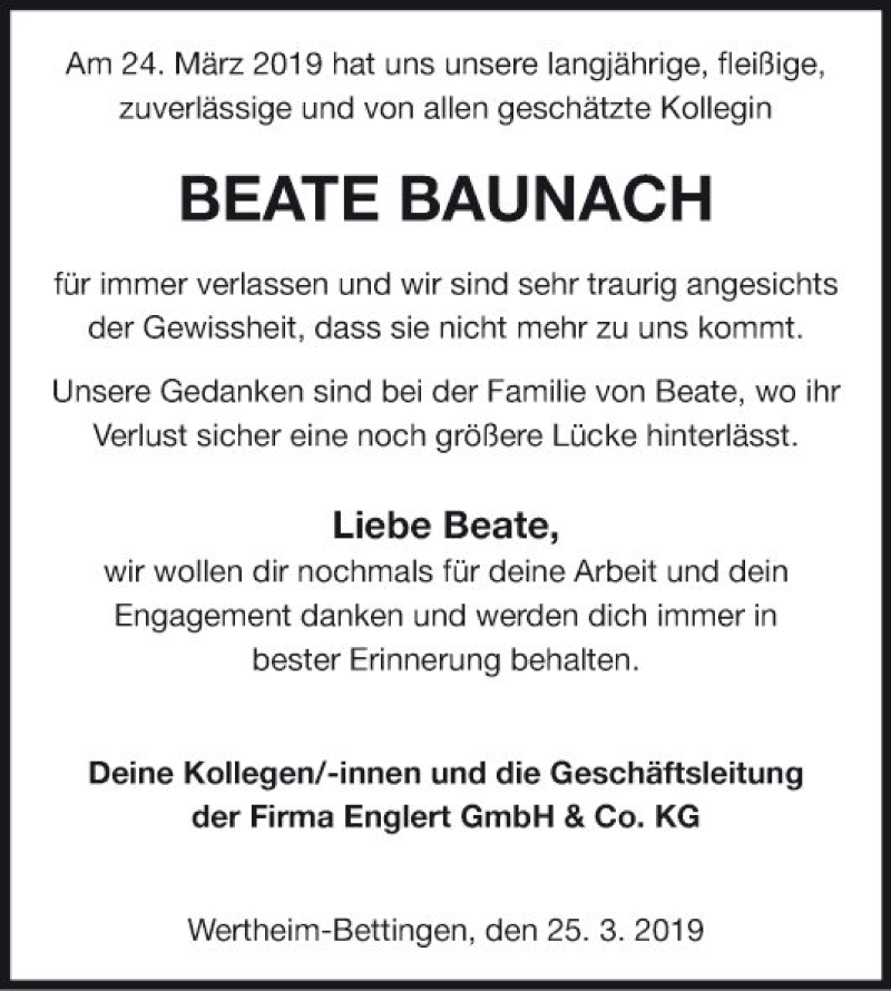  Traueranzeige für Beate Baunach vom 30.03.2019 aus Fränkische Nachrichten