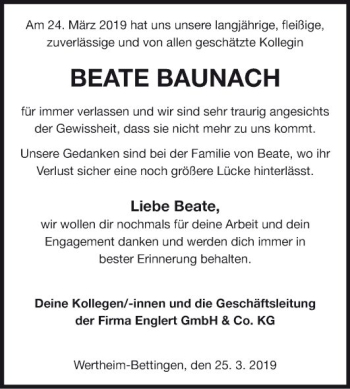 Traueranzeige von Beate Baunach von Fränkische Nachrichten