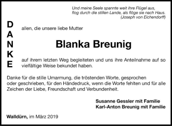 Traueranzeige von Blanka Breunig von Fränkische Nachrichten