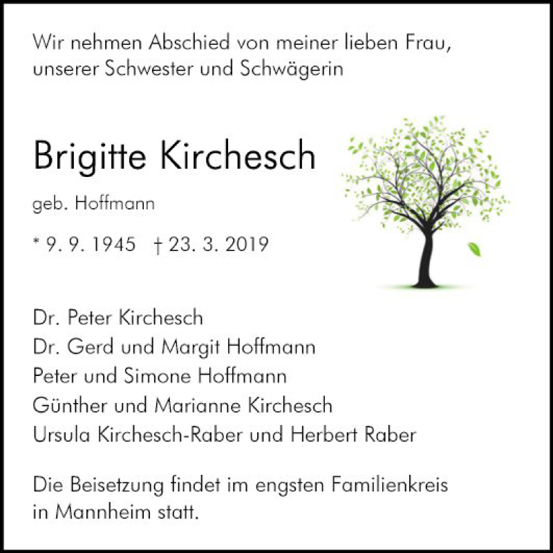  Traueranzeige für Brigitte Kirchesch vom 30.03.2019 aus Mannheimer Morgen