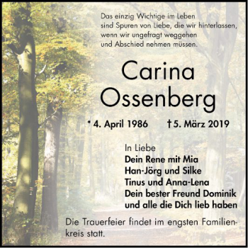 Traueranzeige von Carina Ossenberg von Bergsträßer Anzeiger