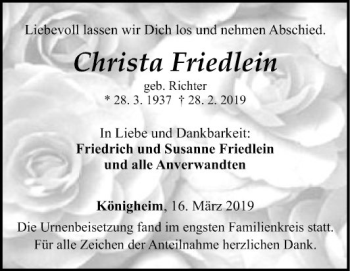 Traueranzeige von Christa Friedlein von Fränkische Nachrichten