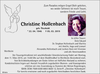 Traueranzeige von Christine Hollenbach von Fränkische Nachrichten