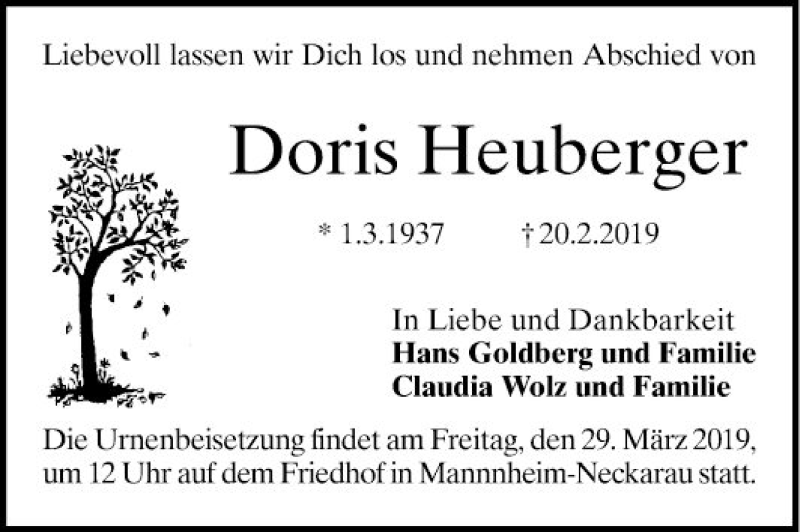  Traueranzeige für Doris Heubergen vom 16.03.2019 aus Mannheimer Morgen