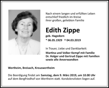 Traueranzeige von Edith Zippe von Fränkische Nachrichten