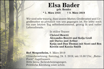 Traueranzeige von Elsa Bader von Fränkische Nachrichten
