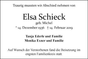 Traueranzeige von Elsa Schieck von Mannheimer Morgen